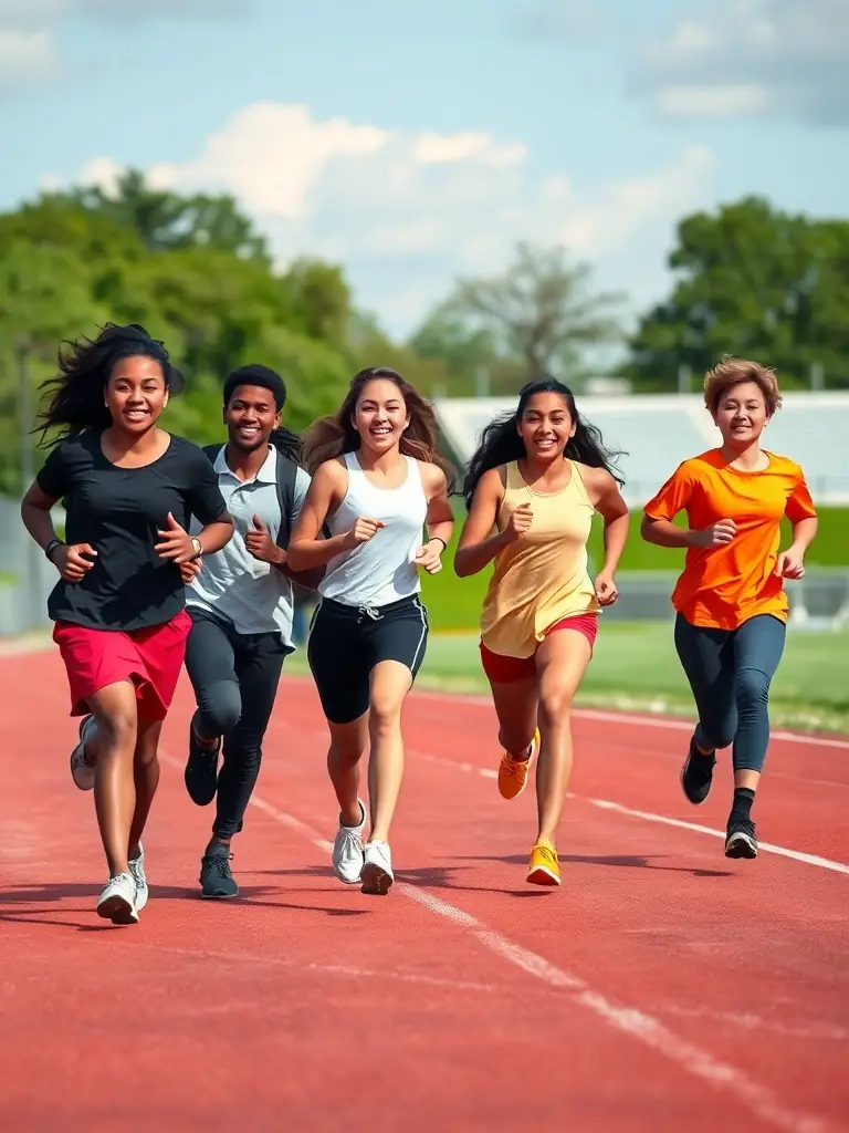 A diverse group of students running track and field, emphasizing inclusivity and personal achievement.