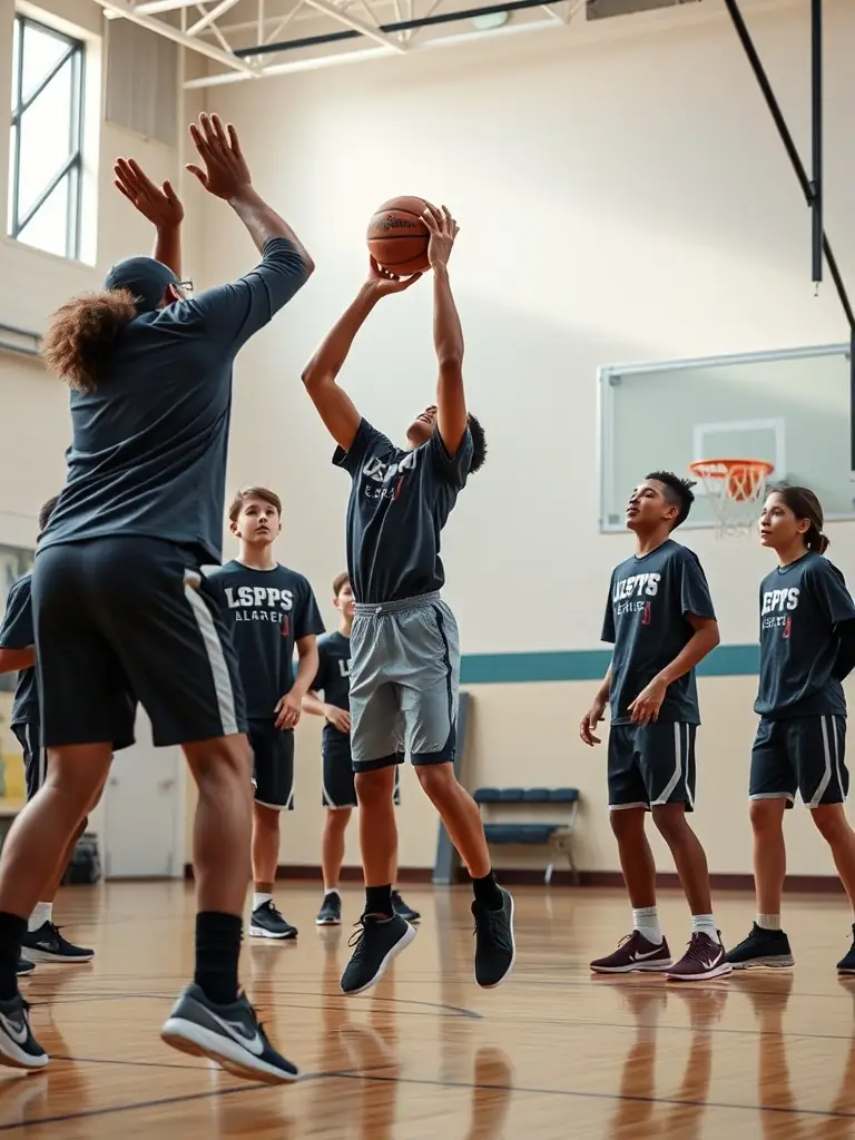 Students enthusiastically participating in a basketball training session, showcasing agility and coordination.