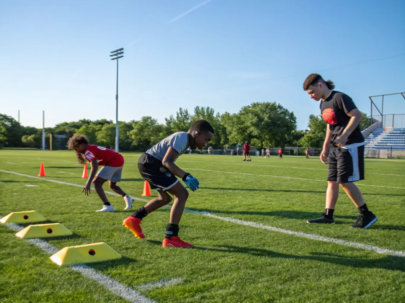 A vibrant image of students participating in a football training session, showcasing teamwork and athletic skill.