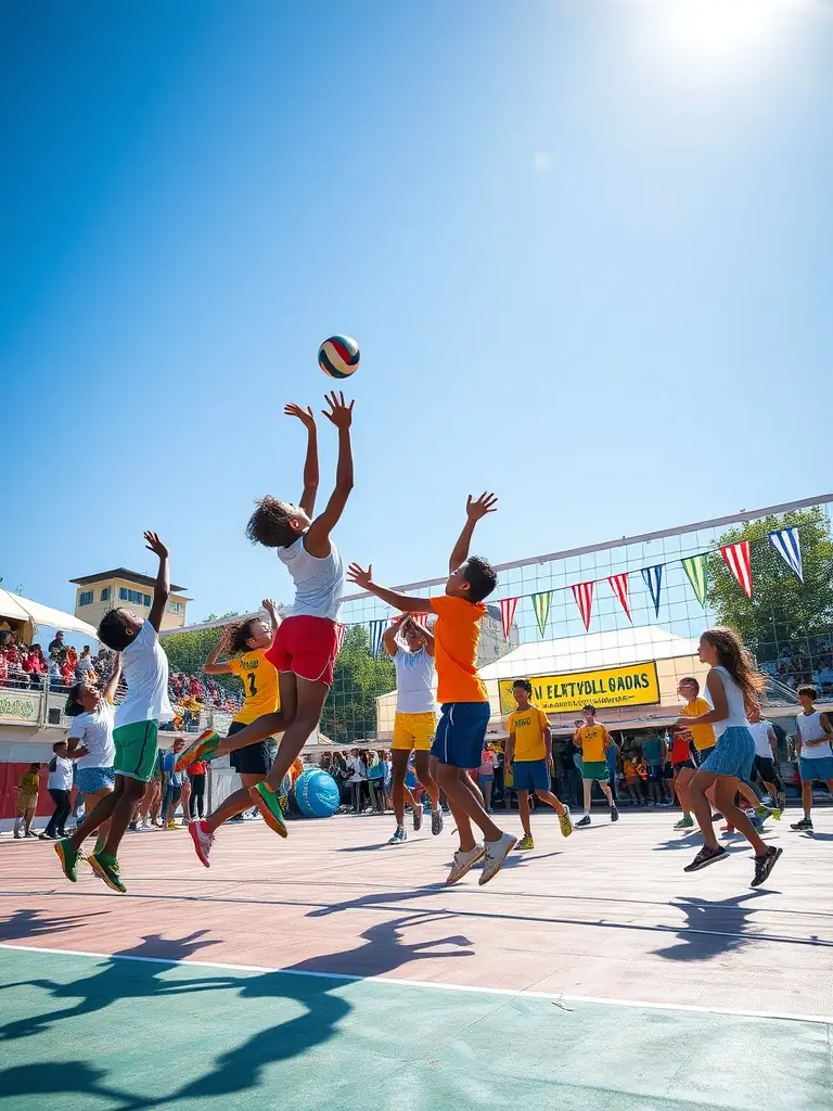 A volleyball team in action during a school tournament, highlighting collaboration and competitive spirit.