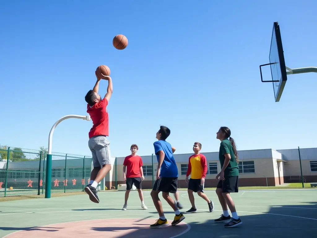 A group of students playing basketball in the school gymnasium, showcasing teamwork and sportsmanship.