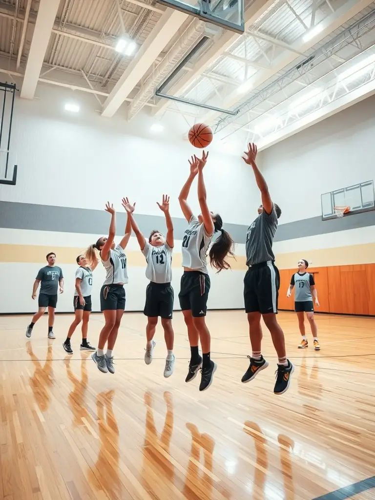 A high-action shot of students playing basketball in the school gymnasium, focusing on teamwork and sportsmanship.