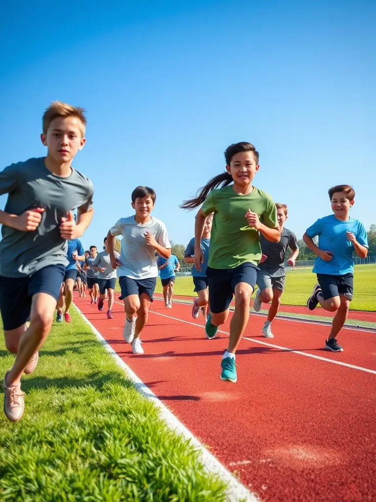 Students running track and field events on a sunny day, highlighting speed and endurance.