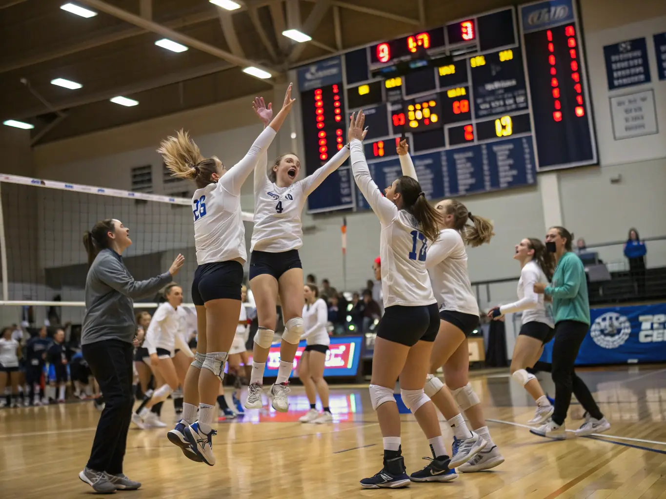 A diverse group of students celebrating a victory after a volleyball match, showcasing the spirit of teamwork and camaraderie fostered by the association.