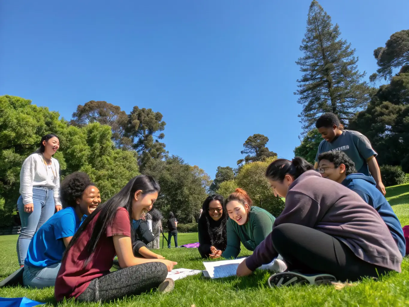 A diverse group of students from ASS SPORTIVE DU LYCEE DES METIERS LOUISE MICHEL are working together during a team-building exercise, emphasizing collaboration and mutual support. The image highlights the importance of teamwork.