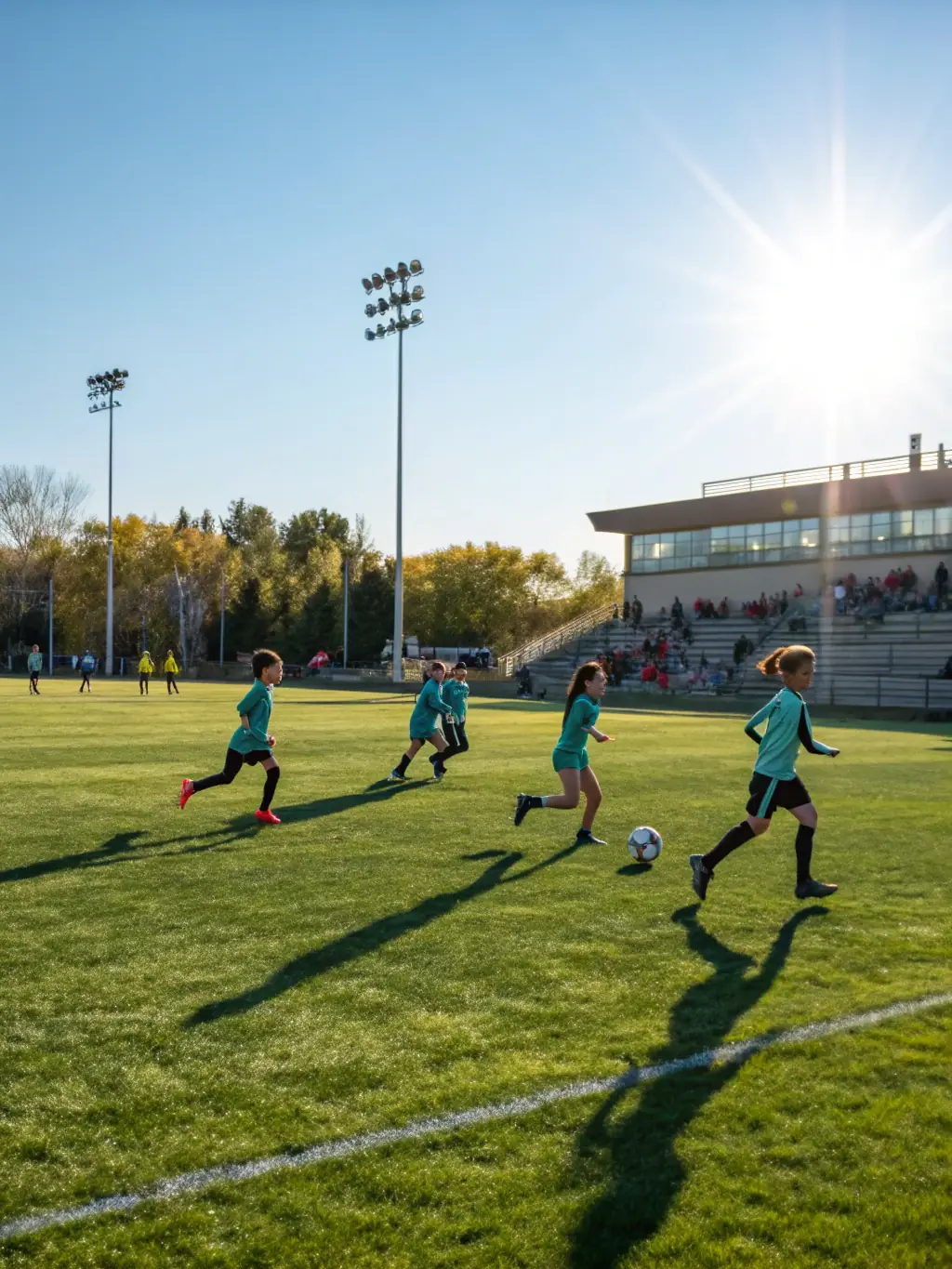 A diverse group of students playing football on a sunny field, emphasizing teamwork and physical activity.