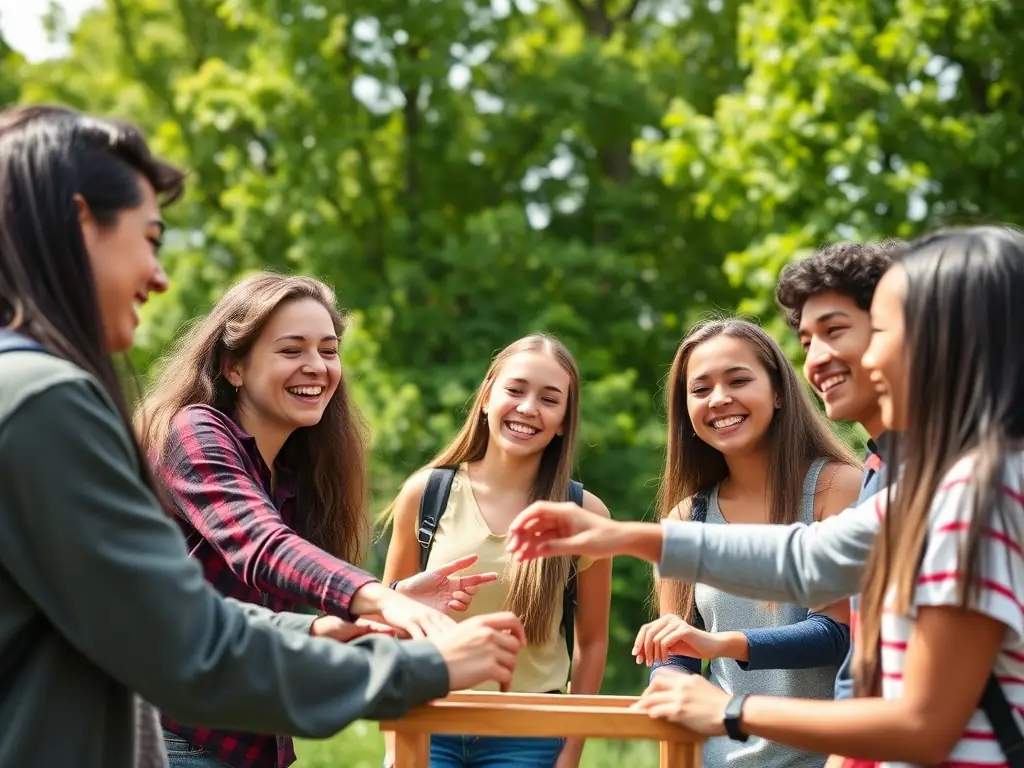 Students working together during a team-building exercise, emphasizing the importance of collaboration and communication in achieving common goals.