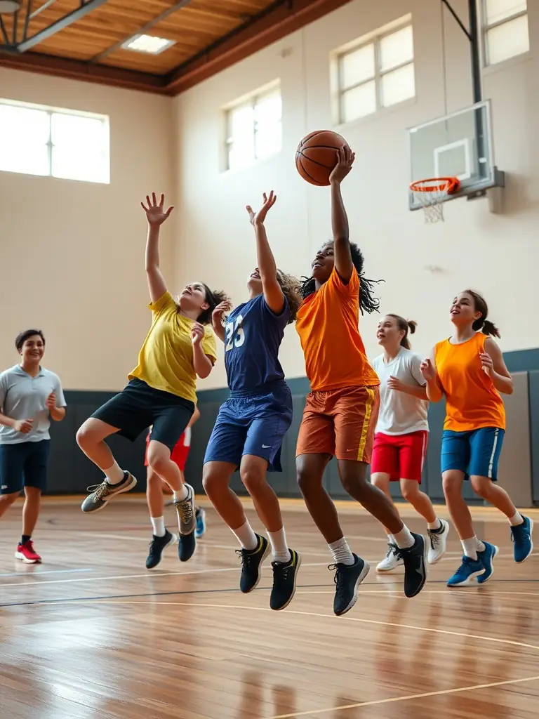 A group of students playing basketball in a school gymnasium, focusing on teamwork and coordination.