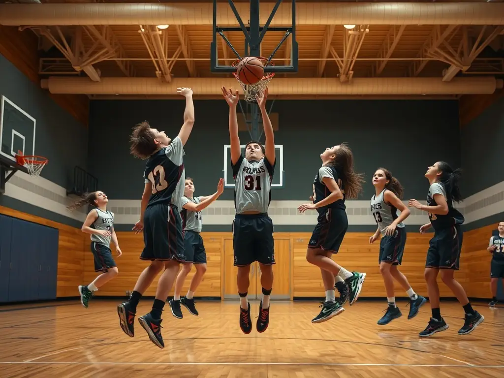 An image of students playing basketball in the school gymnasium, emphasizing agility and coordination.
