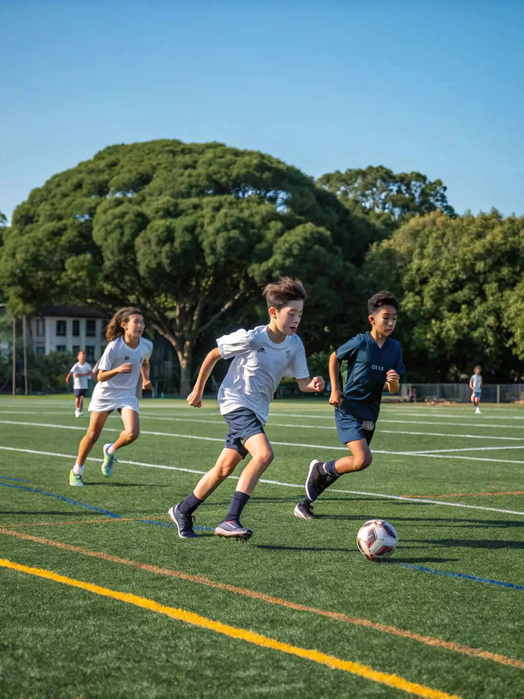 A diverse group of students playing football on the school field, showcasing inclusivity and active participation.
